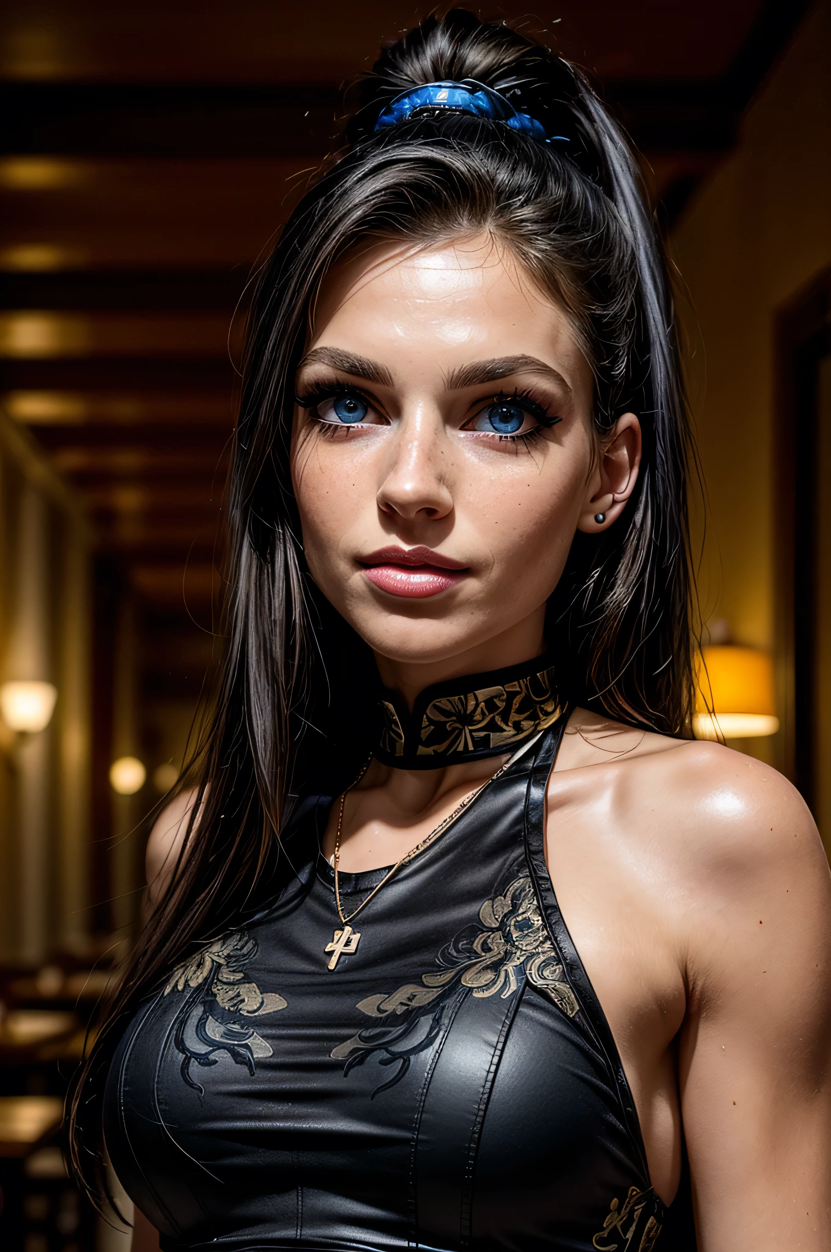 (masterpiece, photorealistic:1.4, extremely intricate:1.3), (photon mapping, radiosity, physically based rendering, ultra resolution, hyper-realistic, photorealistic:1.4, hyper-realistic, 8K), ((((closeup portrait, [supermodel:athlete:0.2], (wide eyes, long lashes)), long straight ([glossblack hair:blonde hair:0.7], [makeup:freckles:0.8])), necklace), blue eyes), smile. laugh, BREAK, (((indoor, restaurant, party, night, dark, shadows, (black gold chinoiserie elegant:1.3 dress))))
