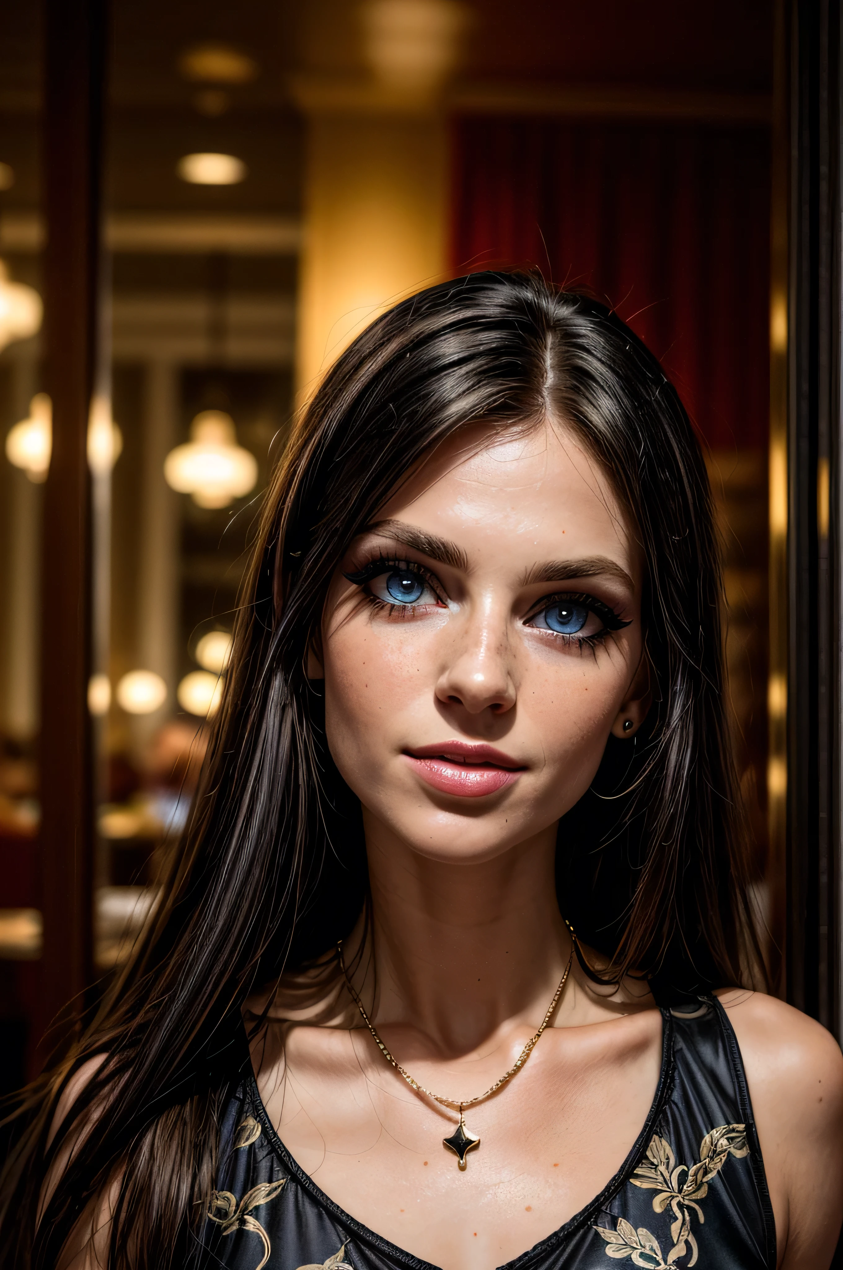 (masterpiece, photorealistic:1.4, extremely intricate:1.3), (photon mapping, radiosity, physically based rendering, ultra resolution, hyper-realistic, photorealistic:1.4, hyper-realistic, 8K), ((((closeup portrait, [supermodel:athlete:0.2], (wide eyes, long lashes)), long straight ([glossblack hair:blonde hair:0.7], [makeup:freckles:0.8])), necklace), blue eyes), smile. laugh, BREAK, (((indoor, restaurant, party, night, dark, shadows, (black gold chinoiserie elegant:1.3 dress))))
