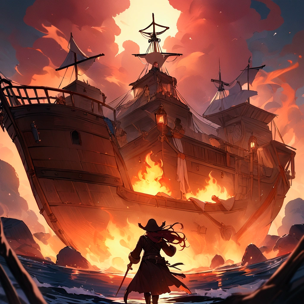 (best quality,4k,8k,highres,masterpiece:1.2), Pirates ship, Francis Drake ordered the assault, fire, ultra-detailed,vivid colors