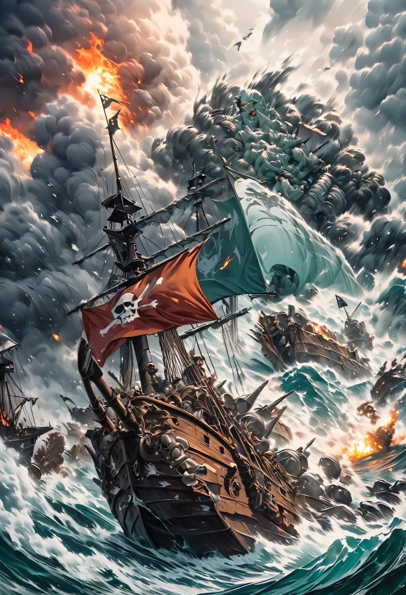 conceptual installation funny fantasy pop art, cartoon-style, two pirate ships collide, destruction, pirate, pirate flag, cannons, shells, fires, raging seas, bad weather, sinister flashes, war, pastel color, (ultra detailed, absolutely resolution, best quality:1.3), 2.5D, delicate and dynamic, artistic photography, hyper realistic, graphic CG digital art