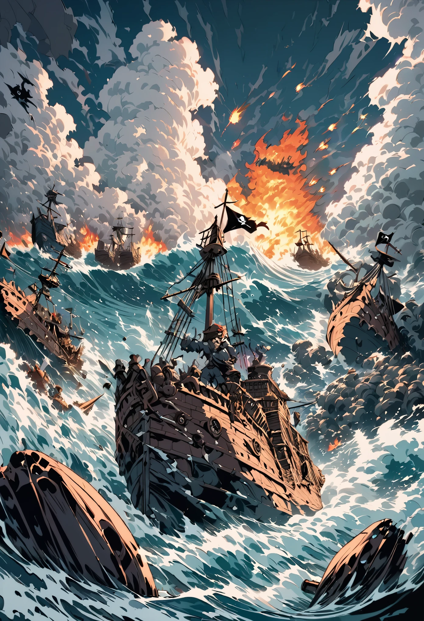 conceptual installation funny fantasy pop art, cartoon-style, two pirate ships collide, destruction, pirate, pirate flag, cannons, shells, fires, raging seas, bad weather, sinister flashes, war, pastel color, (ultra detailed, absolutely resolution, best quality:1.3), 2.5D, delicate and dynamic