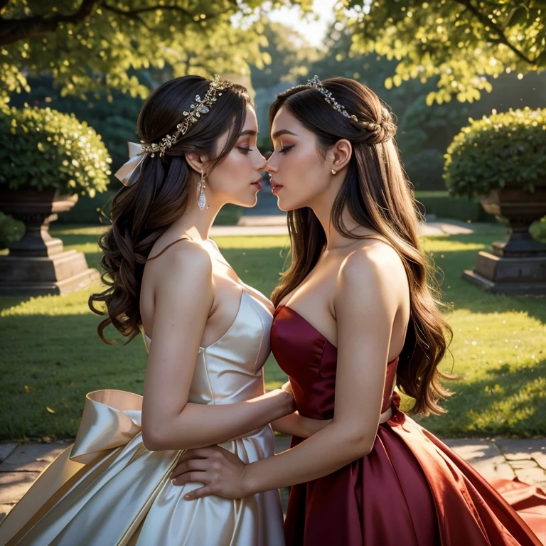 (masterpiece, best quality:1.5), highest quality, High resolution, super detailed, Realists, Upper body photo of a brunette woman, detailed and beautiful eyes, beautiful detailed lips, very detailed eyes and face, longeyelashes, Woman in shiny satin evening dress, Satin bow around the belly,Beautiful and colorful makeup, long hairstyle with satin bow in the hair, elegant and noble々Pose,shiny satin headband, Gardens as background, soft daylight, bright colors, fine brushstrokes, Portrait style, Noble details in the dress fabric, beautiful color palette, glowing skin, First-class rendering, that captures every detail, enchanting atmosphere, subtle shadows and lights, (perfect anatomy:1.2), (Two stunning women are deeply in love:1.4), (kiss:1.2), (magnificent panorama view:1.2)