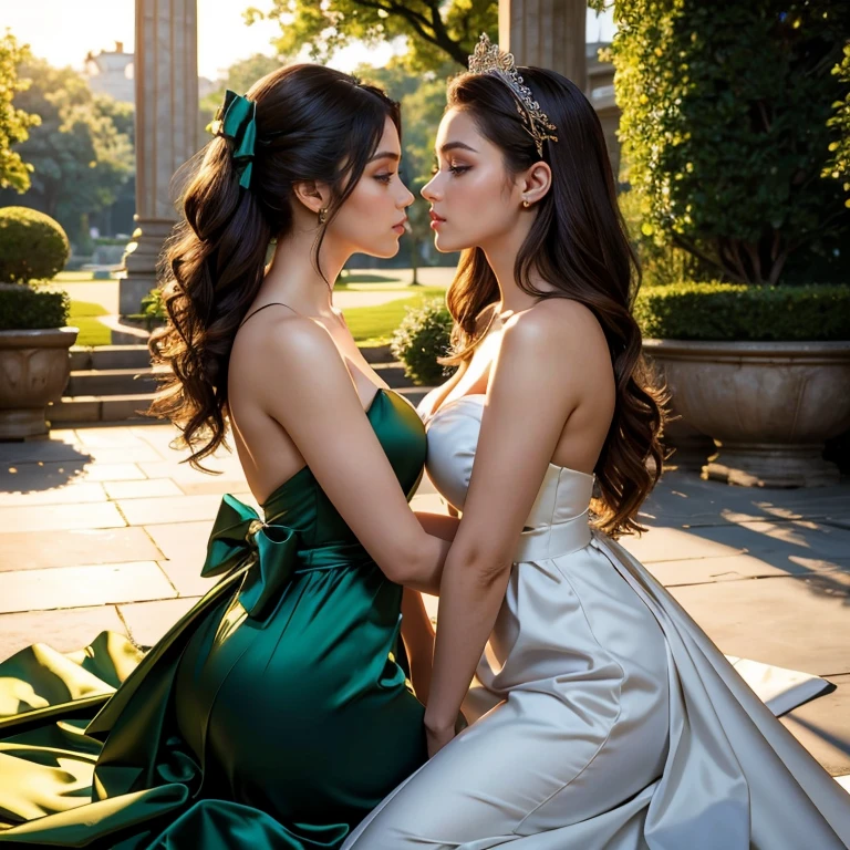 (masterpiece, best quality:1.5), highest quality, High resolution, super detailed, Realists, Upper body photo of a brunette woman, detailed and beautiful eyes, beautiful detailed lips, very detailed eyes and face, longeyelashes, Woman in shiny satin evening dress, Satin bow around the belly,Beautiful and colorful makeup, long hairstyle with satin bow in the hair, elegant and noble々Pose,shiny satin headband, Gardens as background, soft daylight, bright colors, fine brushstrokes, Portrait style, Noble details in the dress fabric, beautiful color palette, glowing skin, First-class rendering, that captures every detail, enchanting atmosphere, subtle shadows and lights, (perfect anatomy:1.2), (Two stunning women are deeply in love:1.4), (kiss:1.2), (magnificent panorama view:1.2)