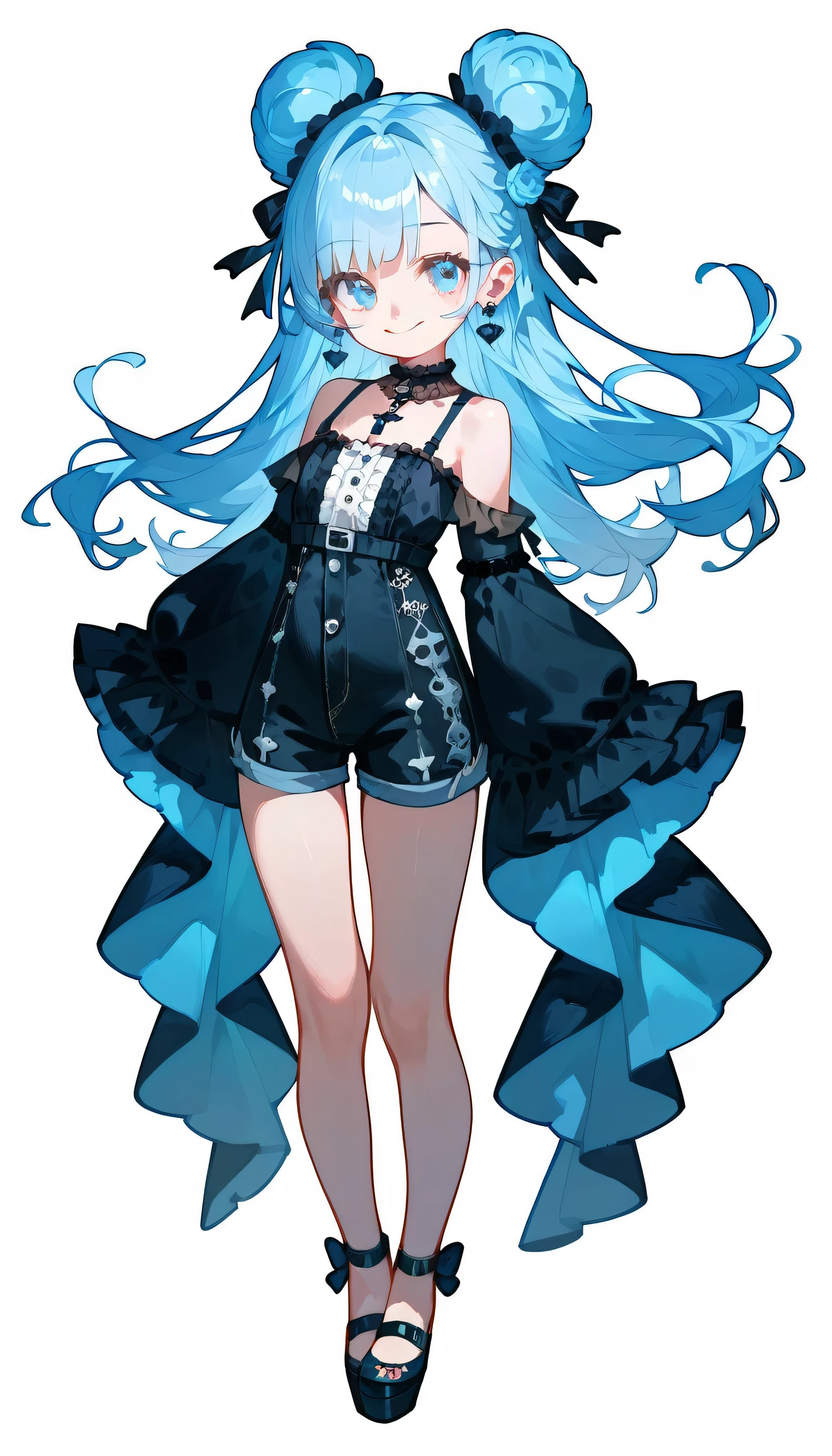 masterpiece, 1girl, solo, looking at viewer, 1 young and gorgeous girl, light blue hair, light blue eyes,beautiful eyes, gothic, smile, ((full body)), (((no background))), transparent background, welcome, short pants, ((white background))