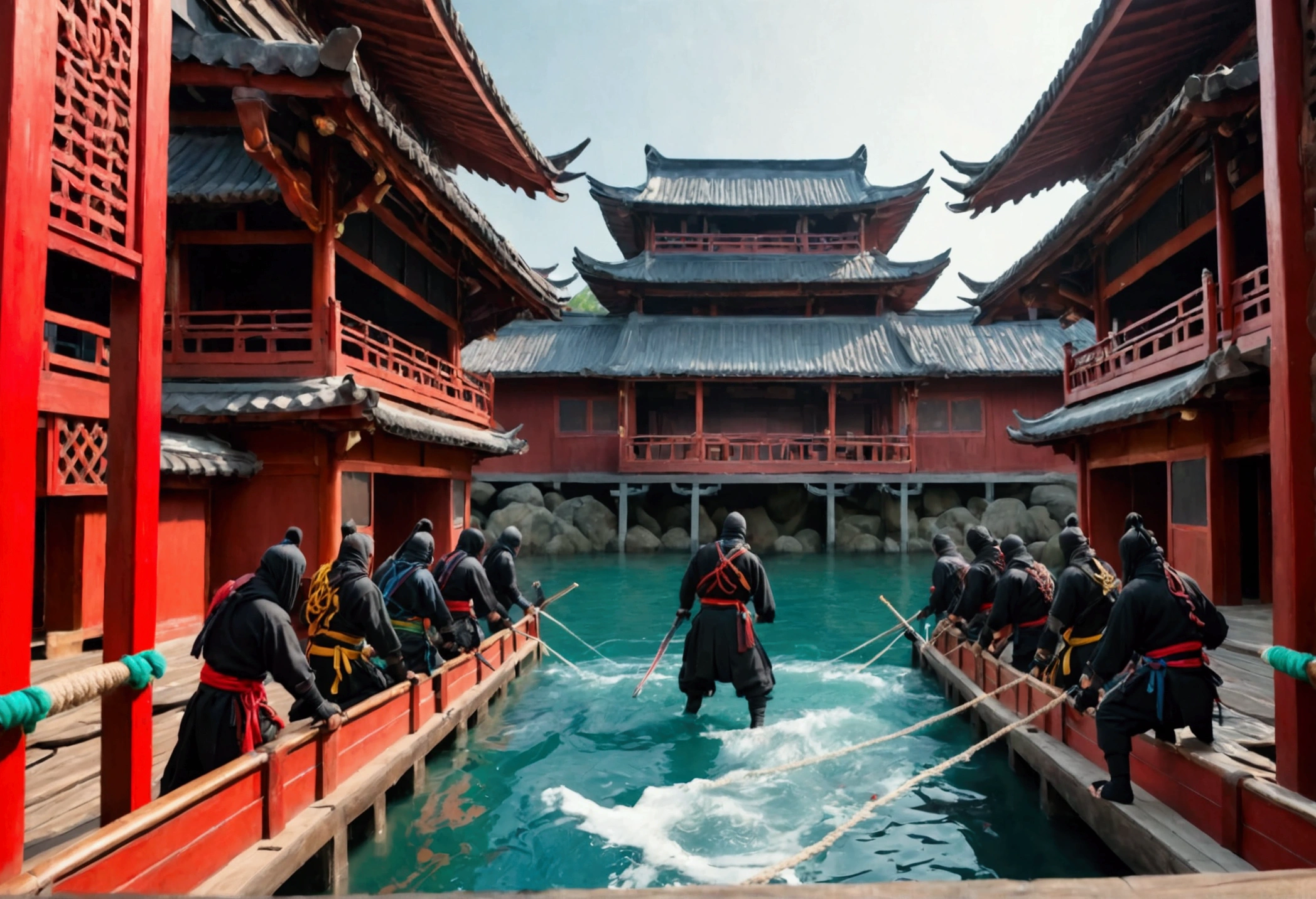 Asian ninja pirates board a Samurai palace ship climbing grappling hooks and ropes from the water, black team ninjas vs bright colorful samurai
