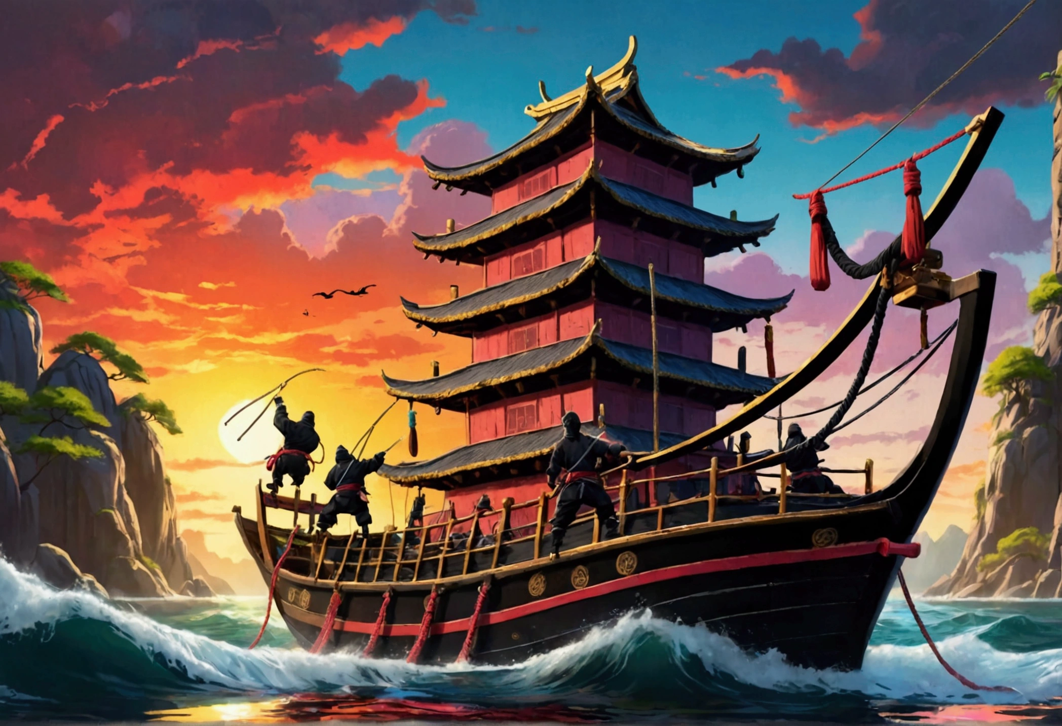 Asian ninja pirates board a Samurai palace ship climbing grappling hooks and ropes from the water, black team ninjas vs bright colorful samurai