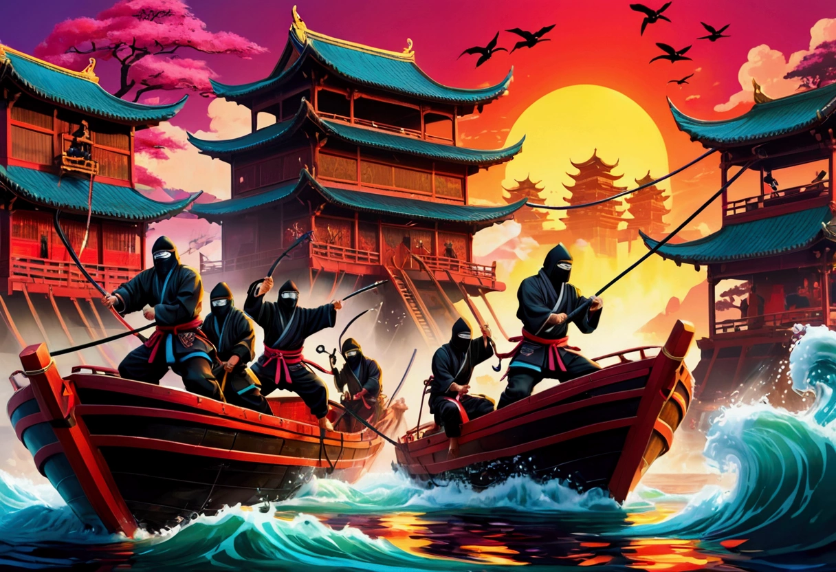 Asian ninja pirates board a Samurai palace ship climbing grappling hooks and ropes from the water, black team ninjas vs bright colorful samurai