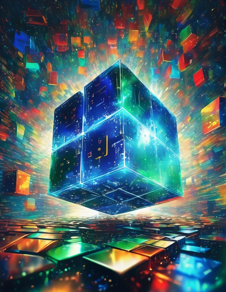 A vibrant pixelated cube floats amidst radiating light, its corners reflecting gradients of electric blue and emerald green. Hovering in the foreground, a stylized keypad composed of primary colors offers a glimpse of binary code. The background blurs with pixelated noise, suggesting a digital landscape.