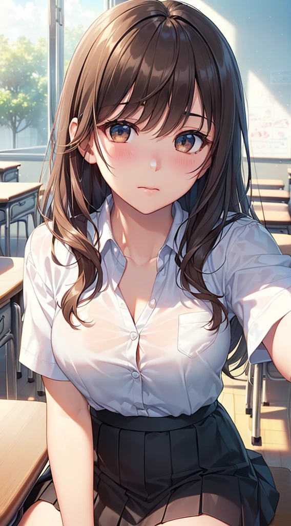 ((Tabletop, Highest quality, High resolution, Hmph, Pixel perfect, 4K, Hmph, Hmph))), One Girl, single, alone, Beauty、The whole body is visible、 ((Medium length wavy hair, bangs, Brown Hair)), ((Brown eyes, Beautiful eyelashes, Realistic eyes)), ((Detailed face, blush:1.2)), ((Smooth texture:0.75, Realistic texture:0.65, Realistic:1.1, Anime CG style)), Medium chest, Dynamic Angle, Perfect body, ((school uniform, White shirt, Black Skirt, Unbuttoned shirt、Checked skirt、I'm not wearing shoes、White Sox)), An empty classroom、Sit at a desk、Lower'I took my feet off the desk......................................、evening、、、Very embarrassing panic smile、(Lift up your skirt with your right hand、Spread your legs、Open your knees wide、No underwear、(Nipple erection)、No bra、Angle from below