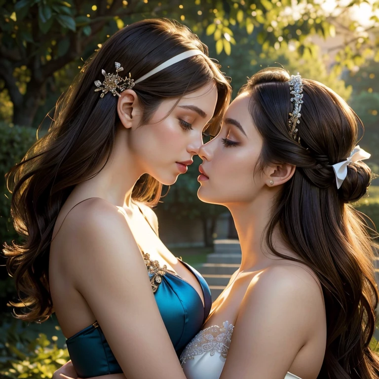 (masterpiece, best quality:1.5), highest quality, High resolution, super detailed, Realists, Upper body photo of a brunette woman, detailed and beautiful eyes, beautiful detailed lips, very detailed eyes and face, longeyelashes, Woman in shiny satin evening dress, Satin bow around the belly,Beautiful and colorful makeup, long hairstyle with satin bow in the hair, elegant and noble々Pose,shiny satin headband, Gardens as background, soft daylight, bright colors, fine brushstrokes, Portrait style, Noble details in the dress fabric, beautiful color palette, glowing skin, First-class rendering, that captures every detail, enchanting atmosphere, subtle shadows and lights, (perfect anatomy:1.2), (Two stunning women are deeply in love:1.4), (kiss:1.2), (magnificent panorama view:1.2)