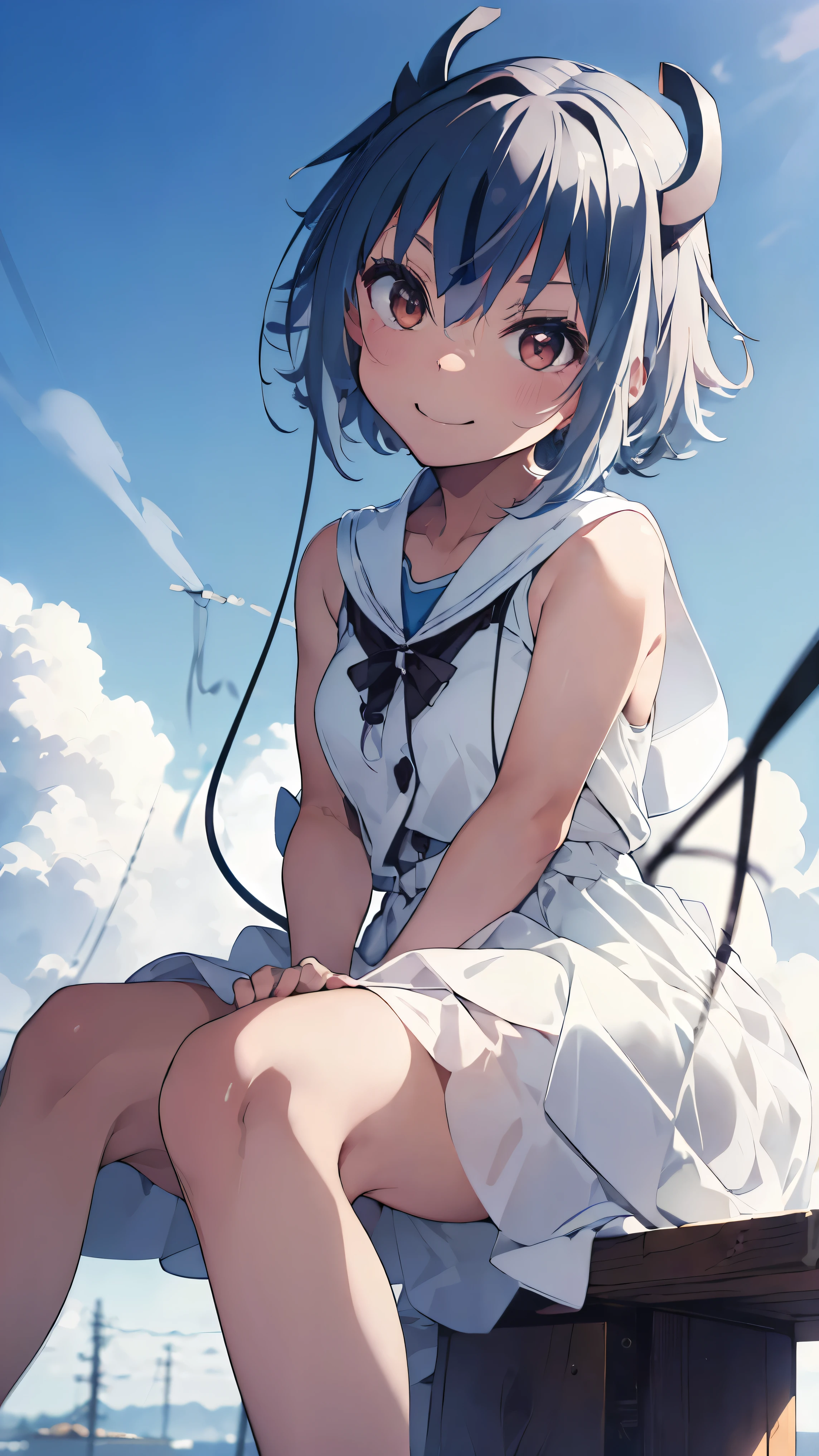 masterpiece, Highest quality, High resolution, Very detailed,(((Mikoto Naruga))), (((White background)))、(((electric wire)))、(((smile)))、(((Sitting far away))), Wearing a white dress。, Electric pole, blue sky, Looking down。