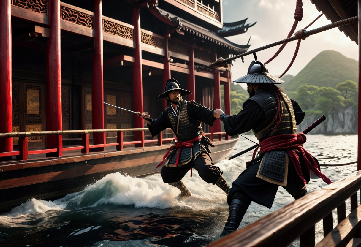 A highly detailed Asian ninja pirates boarding a Samurai palace ship, climbing grappling hooks and ropes from the water, black team ninjas vs bright colorful samurai, (best quality,4k,8k,highres,masterpiece:1.2),ultra-detailed,(realistic,photorealistic,photo-realistic:1.37),dramatic lighting,epic action scene,cinematic,intricate details,ornate samurai armor,flying fabric,dynamic poses,gritty atmosphere,dark moody tones,vibrant colors,dramatic shadows,dynamic camera angle