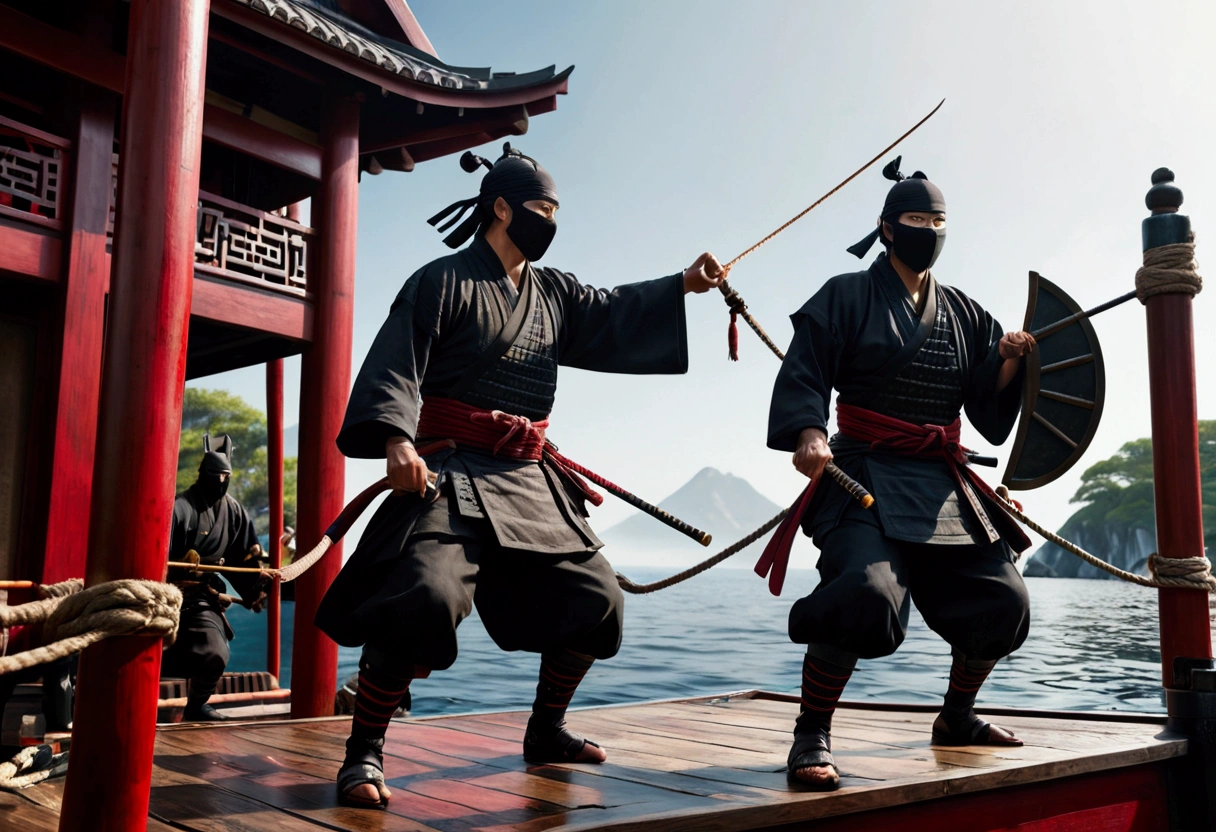 A highly detailed Asian ninja pirates boarding a Samurai palace ship, climbing grappling hooks and ropes from the water, black team ninjas vs bright colorful samurai, (best quality,4k,8k,highres,masterpiece:1.2),ultra-detailed,(realistic,photorealistic,photo-realistic:1.37),dramatic lighting,epic action scene,cinematic,intricate details,ornate samurai armor,flying fabric,dynamic poses,gritty atmosphere,dark moody tones,vibrant colors,dramatic shadows,dynamic camera angle