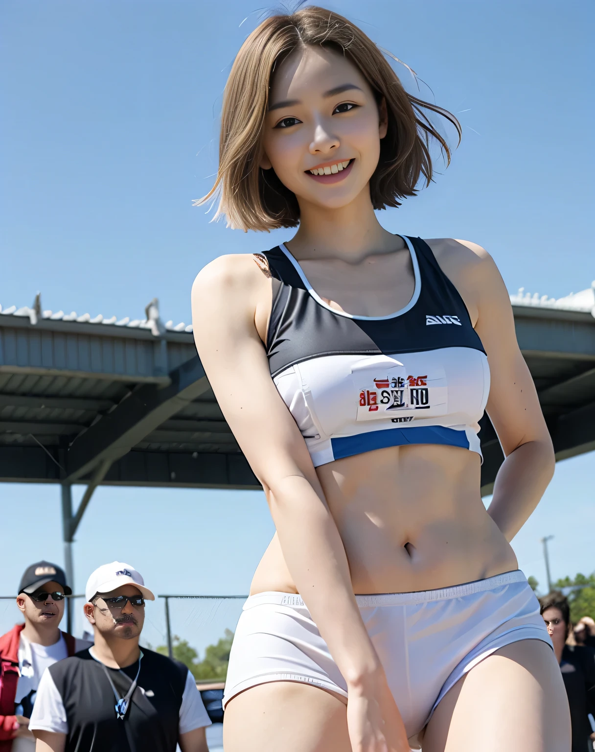 zydG, ((cowboy shot)),((from below)), 1girls, Front view, stand, looking the viewer, exposed skin, (from below),brown-eyed, (blonde very short hair:1.2), (light hair), (medium breasts:1.4), smile with white teeth, (photorealestic:1.4), (Top image quality:1.0), (UltraHighResolution:1.0), 8K, Raw photography, (A masterpice:0.2), track and field uniforms, show abs, (sweat, wetty:1.1), portlate, pubic bone focus, ful body,(pureerosface_v1:0.5), outdoor, track and field,