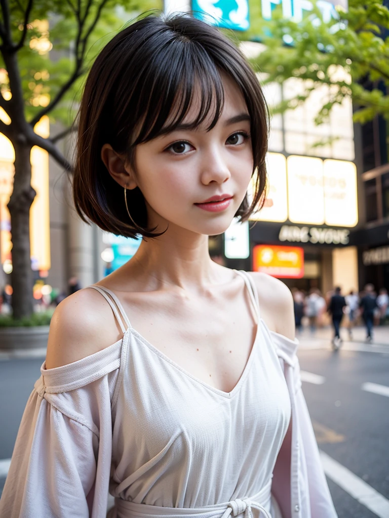 yor, Mature female, bangs, side locks, Red eyes, Black hair, hair adornments,sportrait, (face:1.2), girls, ssmile,bare shoulders, Black hair, walking at time square buzz, (Robe:1.21), clavicle, Willow Branch, (masterpiece best quality :1.2),