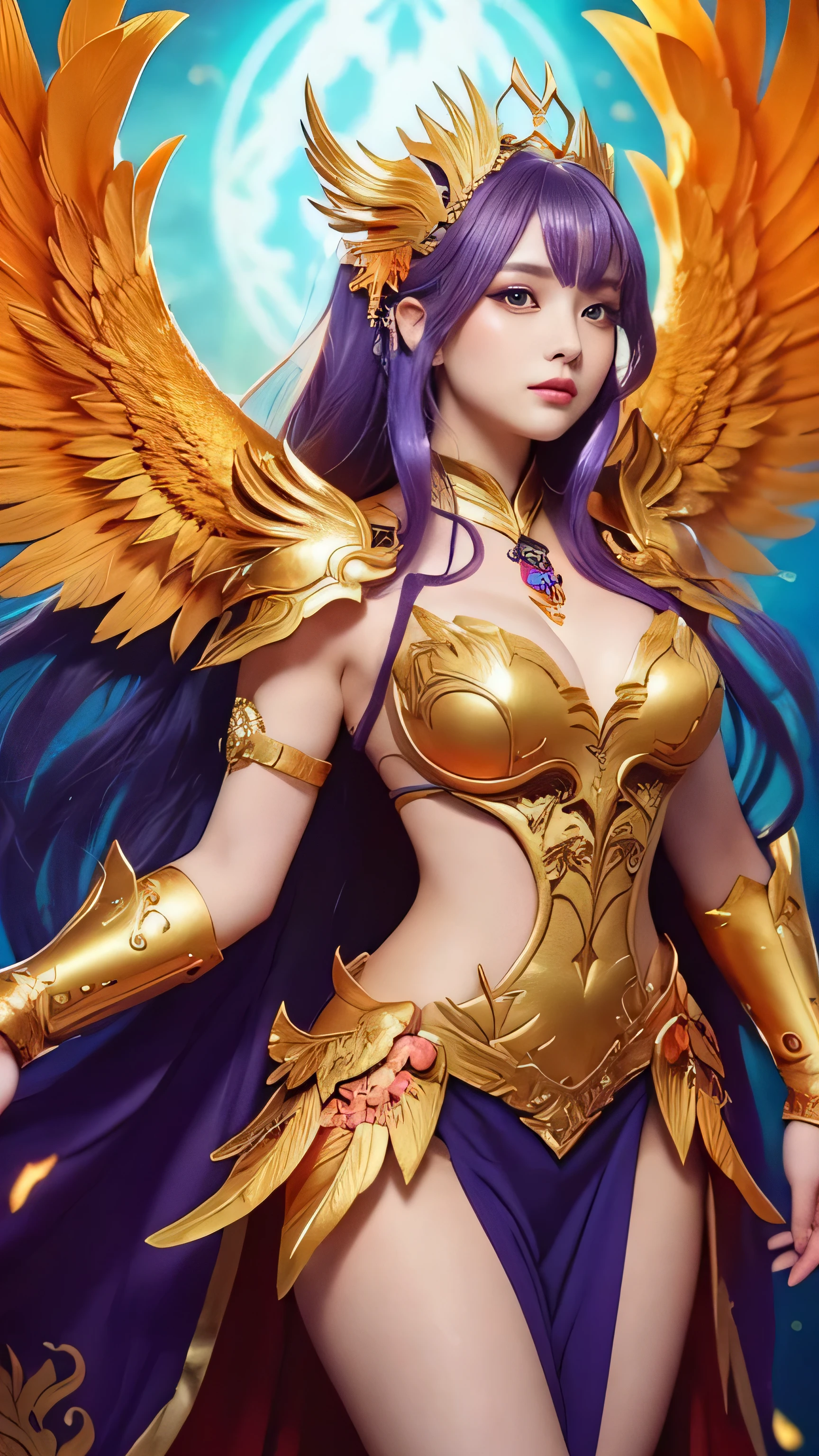 Create an ultra-cute depiction of a Phoenix woman modeled after a Japanese woman. **Overall Appearance:** She stands gracefully, embodying the ethereal beauty and strength of a Phoenix. **Wings:** Her large wings blaze with vibrant hues of red, orange, and gold, with occasional shimmering hints of purple and blue. **Head:** Her eyes are deep and mesmerizing, with a golden hue that sparkles with wisdom and power. Her long, flowing hair cascades down her back in waves of shimmering red, orange, and gold, flickering like flames. **Body:** Her skin is warm and radiant, with a golden undertone that glows softly, appearing almost translucent. She wears ornate, flame-forged armor that blends seamlessly with her form, decorated with intricate designs mimicking Phoenix feathers. **Tail:** Her long, elegant tail is made of fiery feathers that flicker and dance with every movement. **Legs:** Her legs are strong and graceful, adorned with armored greaves resembling talons. The focus should be on her front, highlighting her majestic and divine presence.