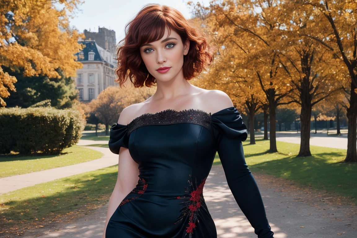 Masterpiece, (Bryce Dallas Howard: 0.5), half body, playful smile, high detail face, high detail skin, tight black dress, (high detail eyes:1.3), short hair, red hair, (small breasts:1.2), (strong athletic body), city park background, (UHD, 8K wallpaper, High resolution), Cinematic lighting, award-winning, extremely white detailed skin, extra detailed face, high detail eyes, photo-realistic, Zeiss 85 mm F/1.4, by Ellen von Unwerth