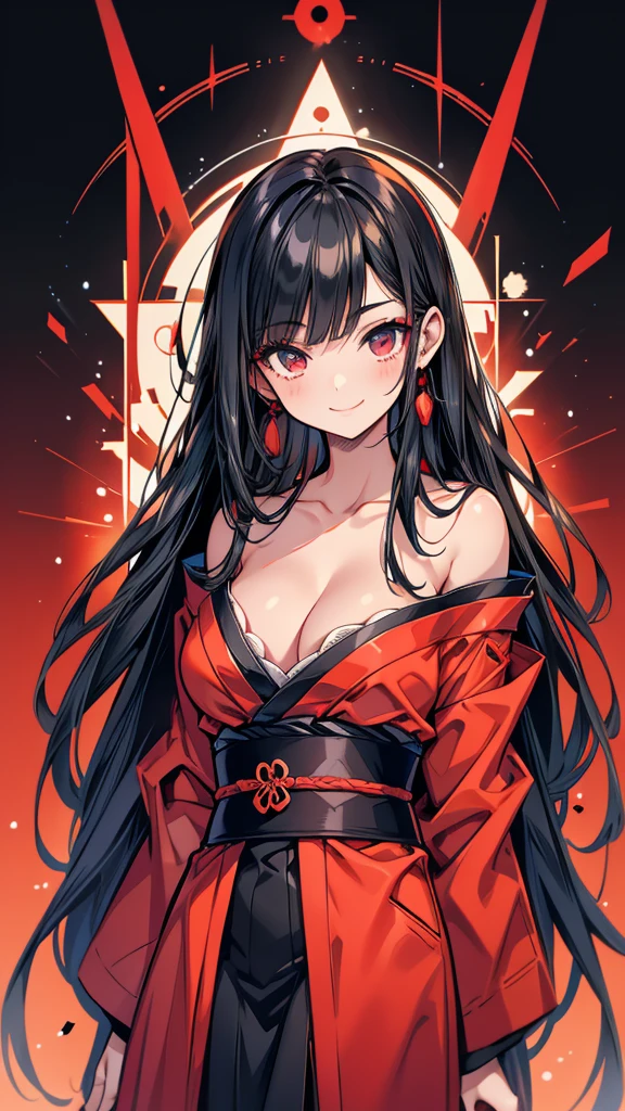 Early 20s　Adult female　Straight Long Hair　Black Hair　tall　Narrow eyes　Sexy smile　Blackheads under the eyes　Deep red long kimono　Cleavage　Takageta　slit　battlefield