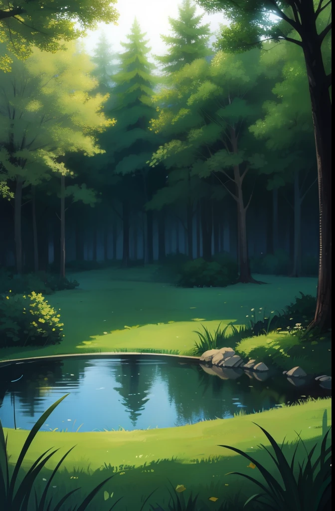 forest,night中,night,small pond,Surrounded by forests,Grass,