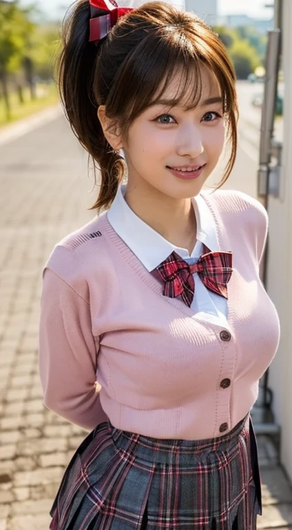 (masterpiece:1.2, top-quality), (realistic, photorealistic:1.4), beautiful illustration, NSFW,
looking at viewer, cowboy shot, front view:0.6,
1 girl, japanese, high school girl, light brown hair, (long hair:1.8), (side ponytail:1.7), bangs, hair between eye, blue eyes, large breasts:1.8, (thick thighs),
beautiful hair, beautiful face, beautiful detailed eyes, beautiful clavicle, beautiful body, beautiful chest, beautiful thigh, beautiful legs, beautiful fingers,
(beautiful scenery), dawn, lamppost, sidewalk,
((pleated mini skirt, socks, red private school uniform:1.2, light pink cardigan, red plaid pleated skirt, red plaid bow tie, red plaid hair ribbon)), pink panties,
(swollen), ((seductive posture: 1.2, attractiveness: 1.2)), (idle),
(erotic, sexy, upper eyes, smile), shiny skin,
perfect face, cute and symmetrical face, natural side lighting, movie lighting),
walking,