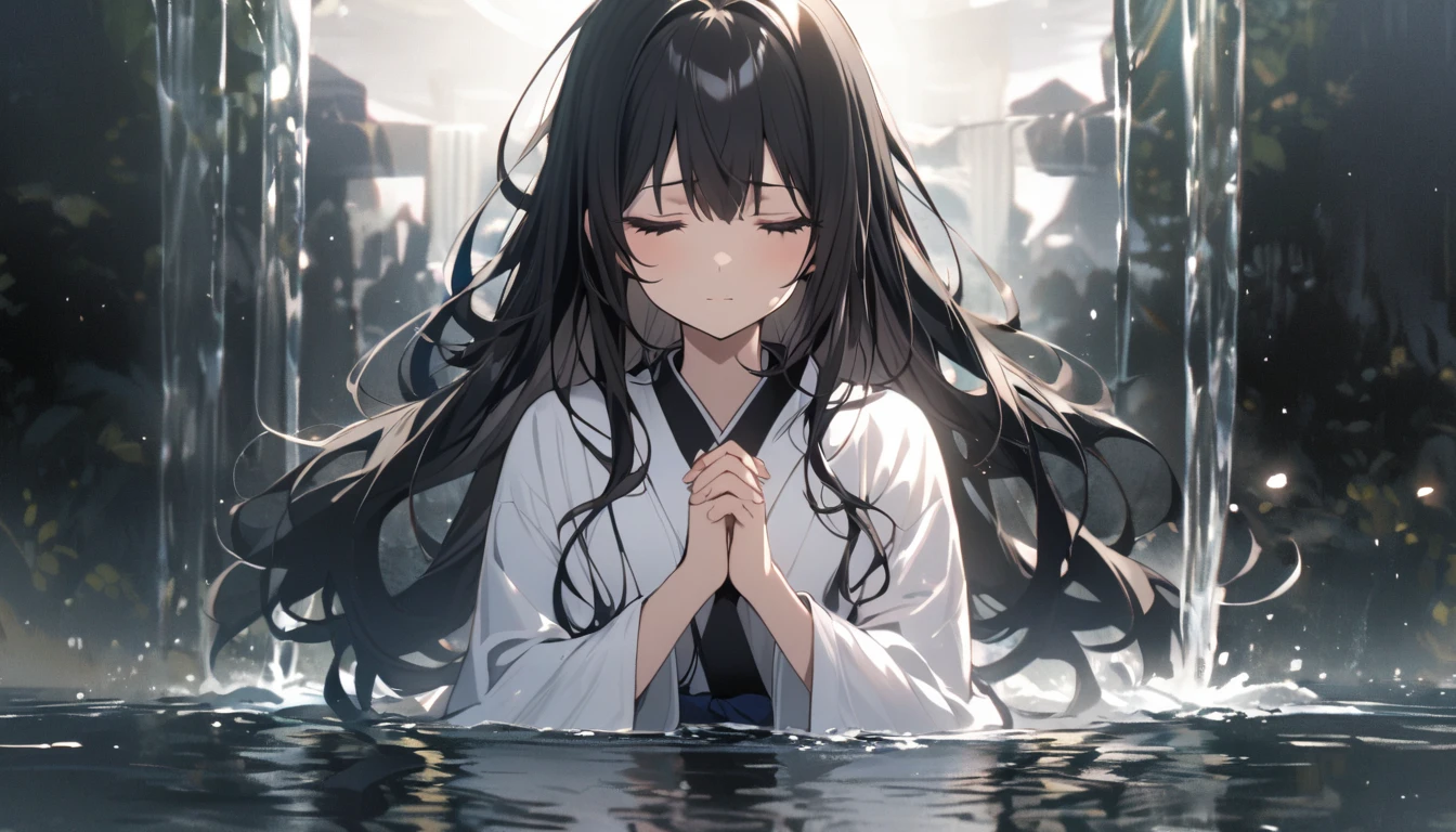A girl praying in a fountain、Black long hair、A melancholic look、White kimono、