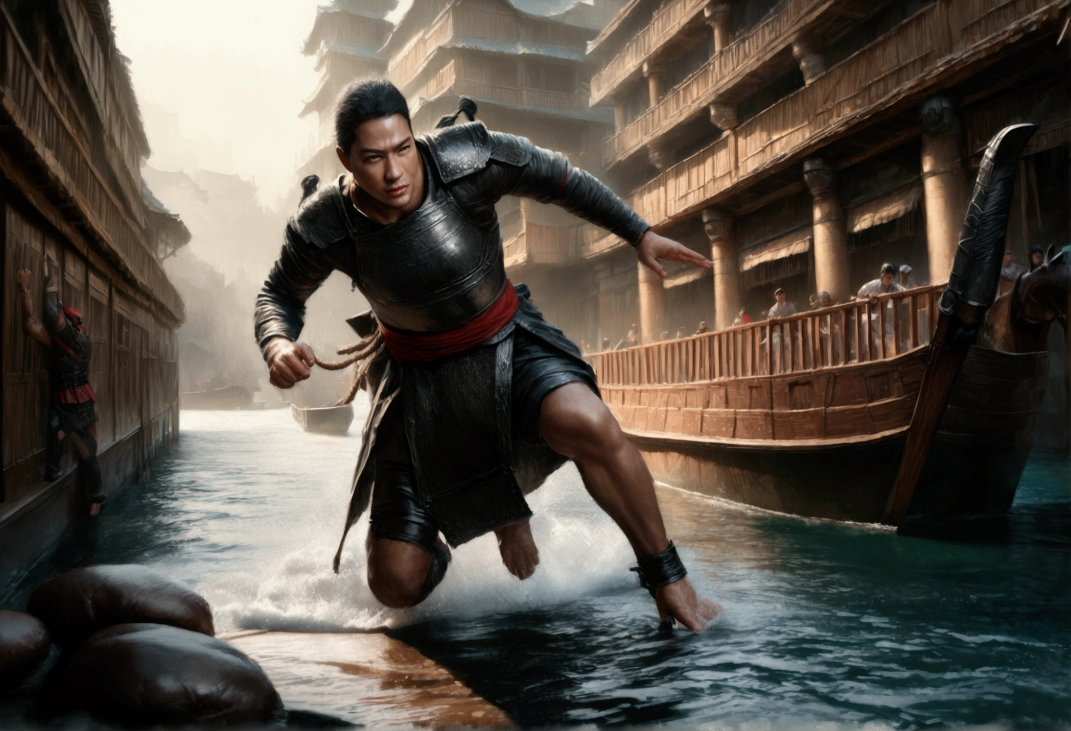 A highly detailed Asian ninja pirates boarding a Samurai palace ship, climbing grappling hooks and ropes from the water, black team ninjas vs bright colorful samurai, (best quality,4k,8k,highres,masterpiece:1.2),ultra-detailed,(realistic,photorealistic,photo-realistic:1.37),dramatic lighting,epic action scene,cinematic,intricate details,ornate samurai armor,flying fabric,dynamic poses,gritty atmosphere,dark moody tones,vibrant colors,dramatic shadows,dynamic camera angle