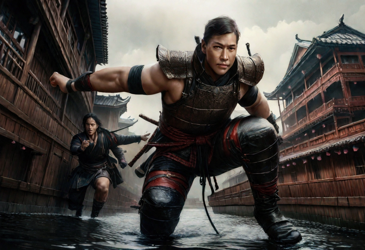 A highly detailed Asian ninja pirates boarding a Samurai palace ship, climbing grappling hooks and ropes from the water, black team ninjas vs bright colorful samurai, (best quality,4k,8k,highres,masterpiece:1.2),ultra-detailed,(realistic,photorealistic,photo-realistic:1.37),dramatic lighting,epic action scene,cinematic,intricate details,ornate samurai armor,flying fabric,dynamic poses,gritty atmosphere,dark moody tones,vibrant colors,dramatic shadows,dynamic camera angle
