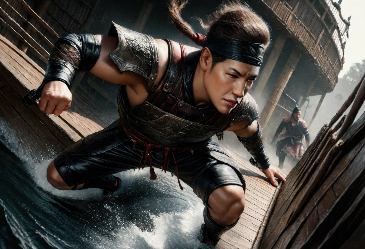 A highly detailed Asian ninja pirates boarding a Samurai palace ship, climbing grappling hooks and ropes from the water, black team ninjas vs bright colorful samurai, (best quality,4k,8k,highres,masterpiece:1.2),ultra-detailed,(realistic,photorealistic,photo-realistic:1.37),dramatic lighting,epic action scene,cinematic,intricate details,ornate samurai armor,flying fabric,dynamic poses,gritty atmosphere,dark moody tones,vibrant colors,dramatic shadows,dynamic camera angle