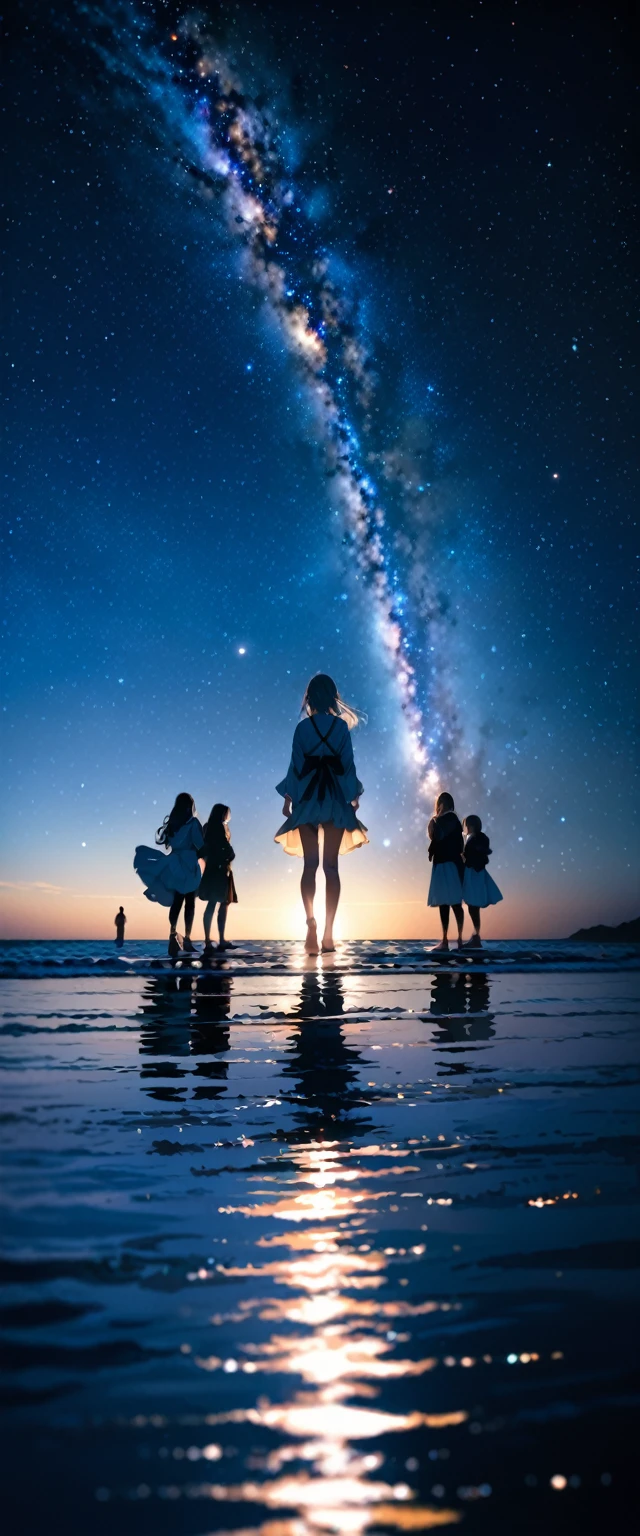 (close:1.4)、(Original photo:1.2)、(Realistic:1.4)、(masterpiece:1.3)、(Highest quality:1.4)、Japanese Girls、(Night view:1.2)、Light clothing、pretty girl、Step into the sea、Standing on tiptoes、landscape、Between the horizon and the sea、Side view、Ripples spread from my toes、Stand about 20 meters apart、On the Sea、the whole scene is shining、Gray Hair、Starry Sky
