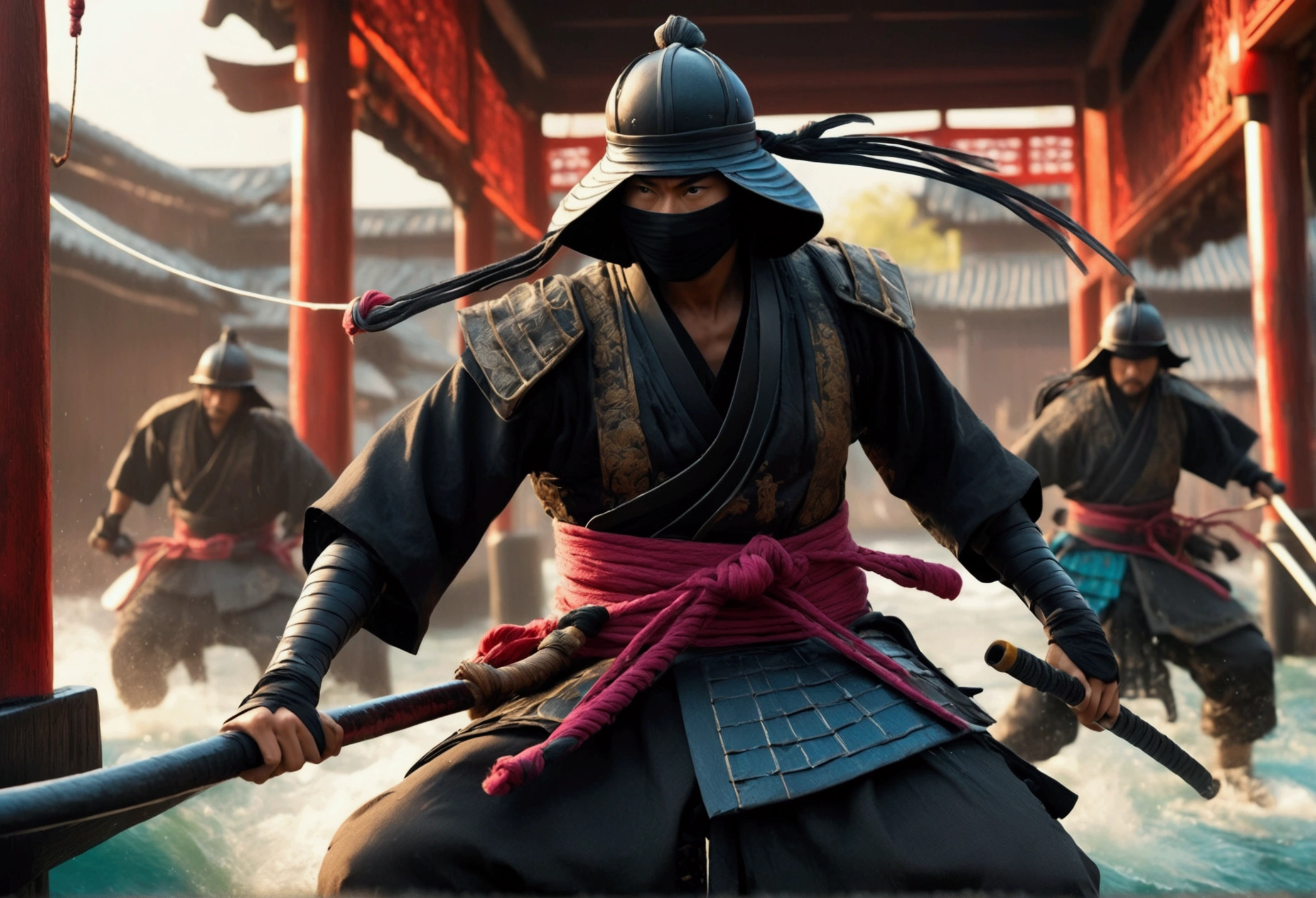A highly detailed Asian ninja pirates boarding a Samurai palace ship, climbing grappling hooks and ropes from the water, black team ninjas vs bright colorful samurai, (best quality,4k,8k,highres,masterpiece:1.2),ultra-detailed,(realistic,photorealistic,photo-realistic:1.37),dramatic lighting,epic action scene,cinematic,intricate details,ornate samurai armor,flying fabric,dynamic poses,gritty atmosphere,dark moody tones,vibrant colors,dramatic shadows,dynamic camera angle
