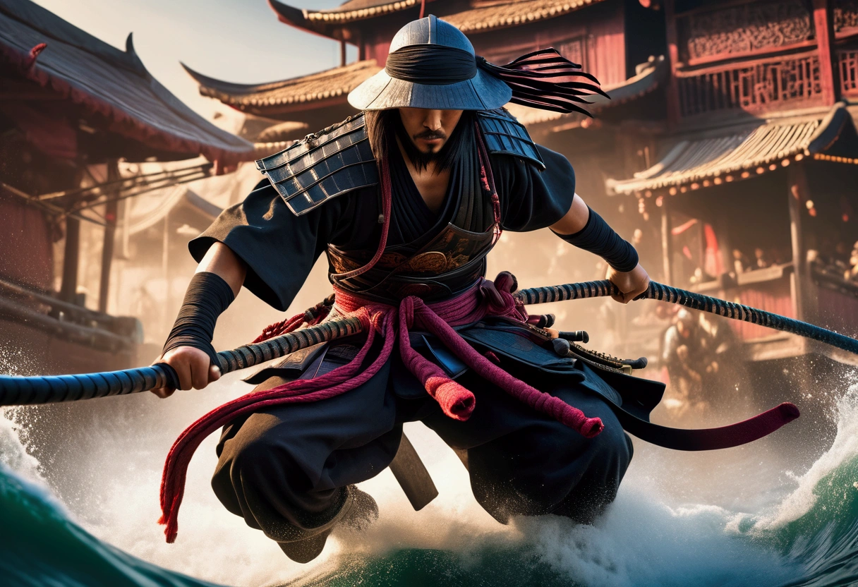 A highly detailed Asian ninja pirates boarding a Samurai palace ship, climbing grappling hooks and ropes from the water, black team ninjas vs bright colorful samurai, (best quality,4k,8k,highres,masterpiece:1.2),ultra-detailed,(realistic,photorealistic,photo-realistic:1.37),dramatic lighting,epic action scene,cinematic,intricate details,ornate samurai armor,flying fabric,dynamic poses,gritty atmosphere,dark moody tones,vibrant colors,dramatic shadows,dynamic camera angle