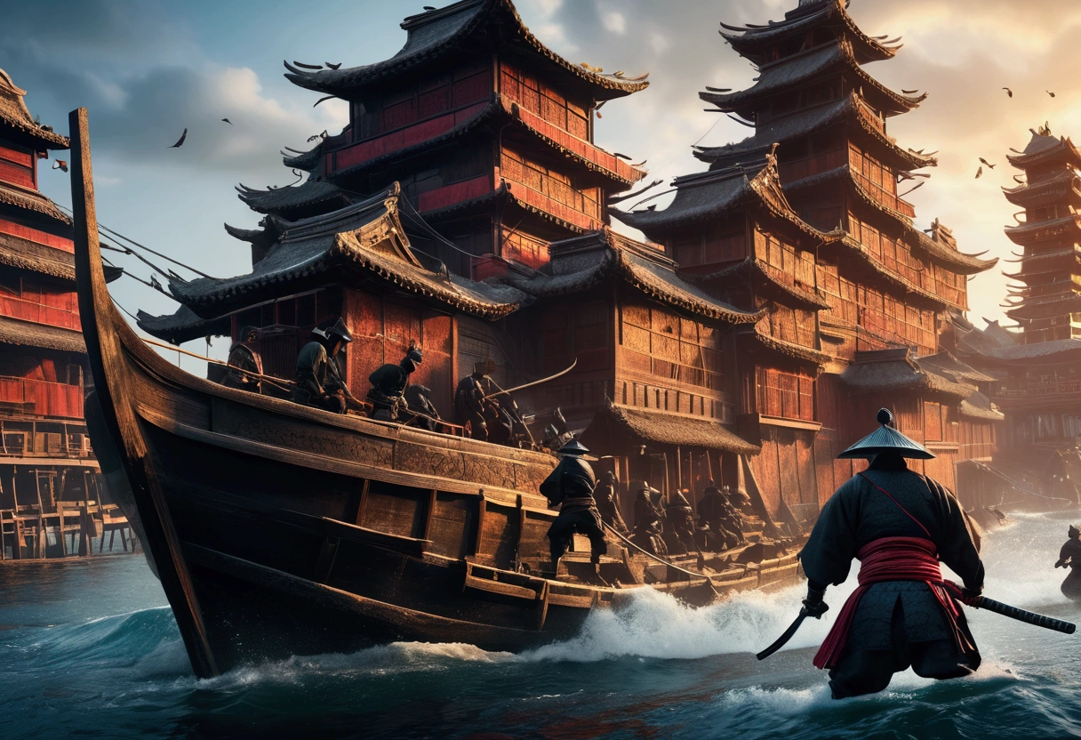 A highly detailed Asian ninja pirates boarding a Samurai palace ship, climbing grappling hooks and ropes from the water, black team ninjas vs bright colorful samurai, (best quality,4k,8k,highres,masterpiece:1.2),ultra-detailed,(realistic,photorealistic,photo-realistic:1.37),dramatic lighting,epic action scene,cinematic,intricate details,ornate samurai armor,flying fabric,dynamic poses,gritty atmosphere,dark moody tones,vibrant colors,dramatic shadows,dynamic camera angle