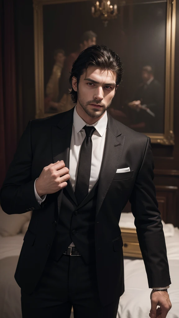 ((masterpiece)), ((best quality:1.2)), high resolution, 8k, (ultra_realistic:1.3), (photorealistic:1.4), (absurdres), sharp focus, highly detailed, (high quality), (masterpiece), handsome mean looking man, 25 years old, normosthenic, black suit, muscular, full body, dark light, dark lighted room, rim light. Mafia boss aesthetic. Rich billionaire boyfriend.