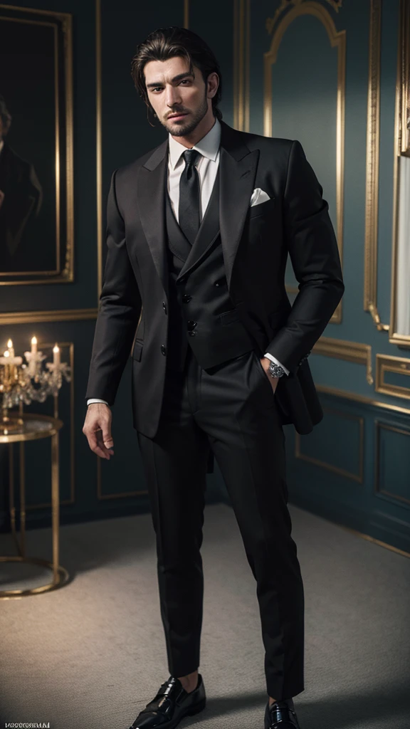 ((masterpiece)), ((best quality:1.2)), high resolution, 8k, (ultra_realistic:1.3), (photorealistic:1.4), (absurdres), sharp focus, highly detailed, (high quality), (masterpiece), handsome mean looking man, 25 years old, normosthenic, black suit, muscular, full body, dark light, dark lighted room, rim light. Mafia boss aesthetic. Rich billionaire boyfriend.