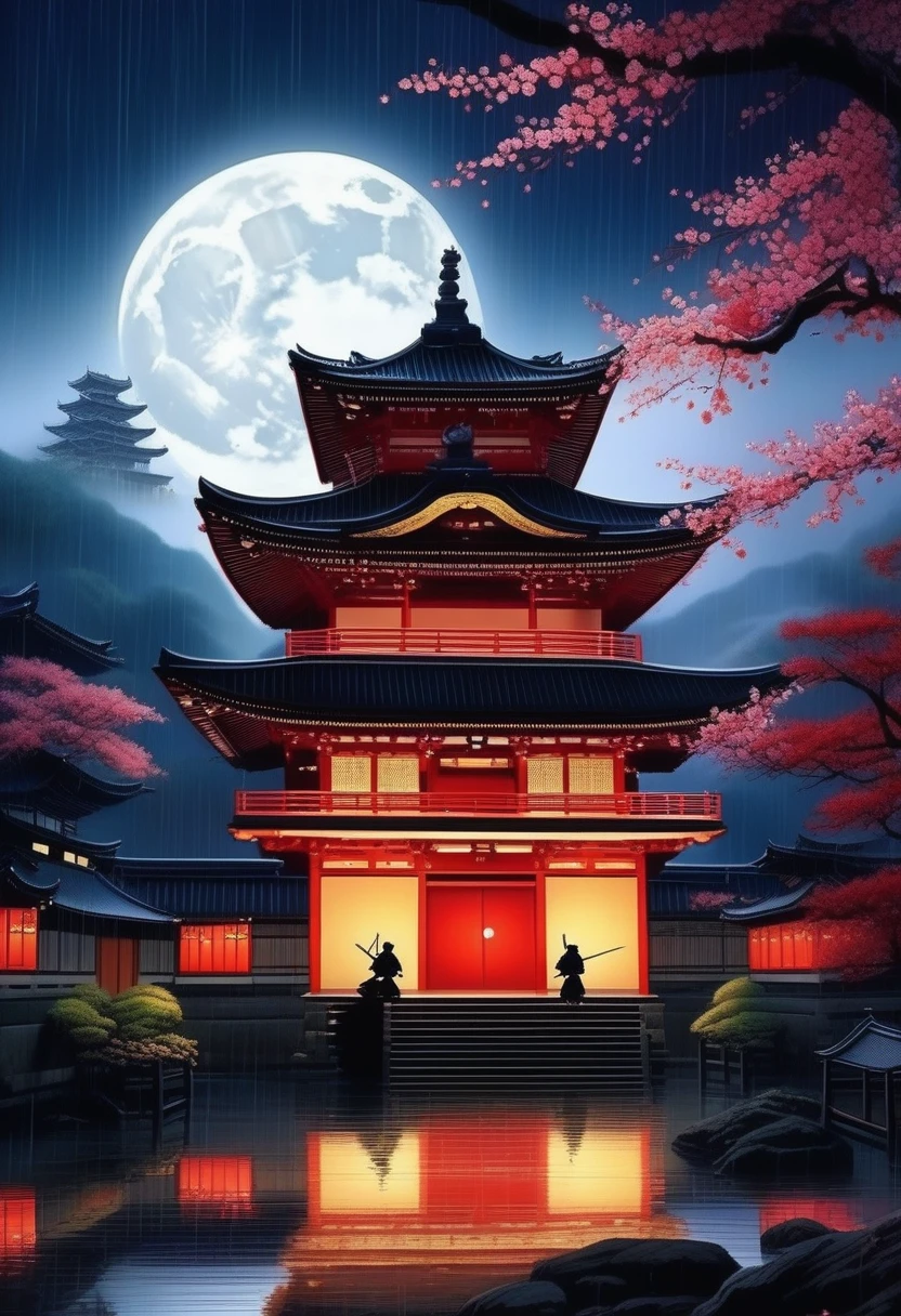 (((A dim moonlit night:1.5))), (((heavy rain:1.6))), (((The battle between ninjas、A detailed and crazy scene:1.3))), Classic Japanese castle with intricate details in the dark beauty cherry blossom background, Losing your mind, Ultimate quality illustration, (Intricate insane detail texture:1.3), (Drawing with precise and insane details:1.3), (Paintings with intricate insane details:1.3), (Complex insane detail coloring:1.3), (precise detail painting:1.3), (A true masterpiece:1.3),