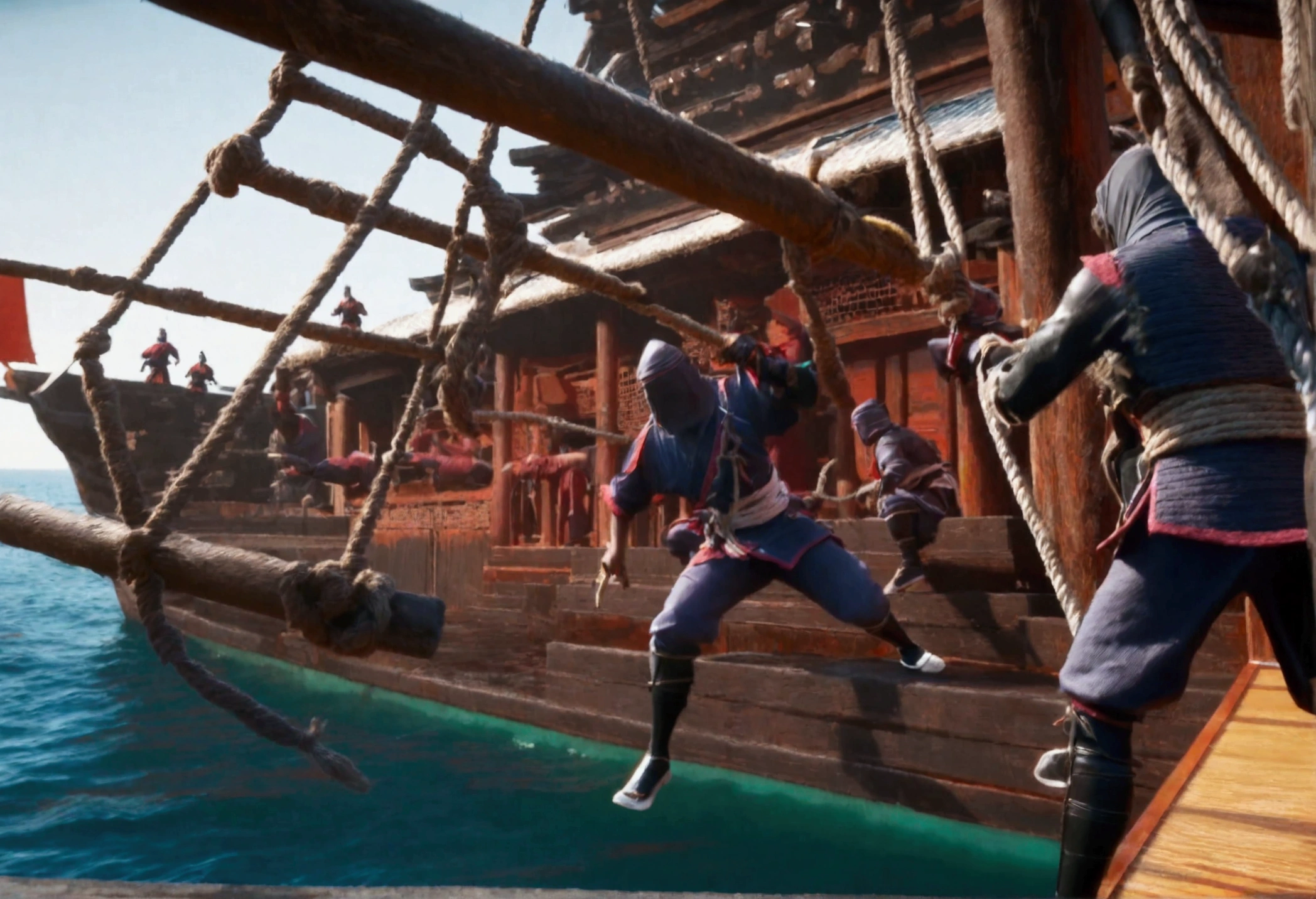 A highly detailed Asian ninja pirates boarding a Samurai palace ship, climbing grappling hooks and ropes from the water, black team ninjas vs bright colorful samurai, (best quality,4k,8k,highres,masterpiece:1.2),ultra-detailed,(realistic,photorealistic,photo-realistic:1.37),dramatic lighting,epic action scene,cinematic,intricate details,ornate samurai armor,flying fabric,dynamic poses,gritty atmosphere,dark moody tones,vibrant colors,dramatic shadows,dynamic camera angle
