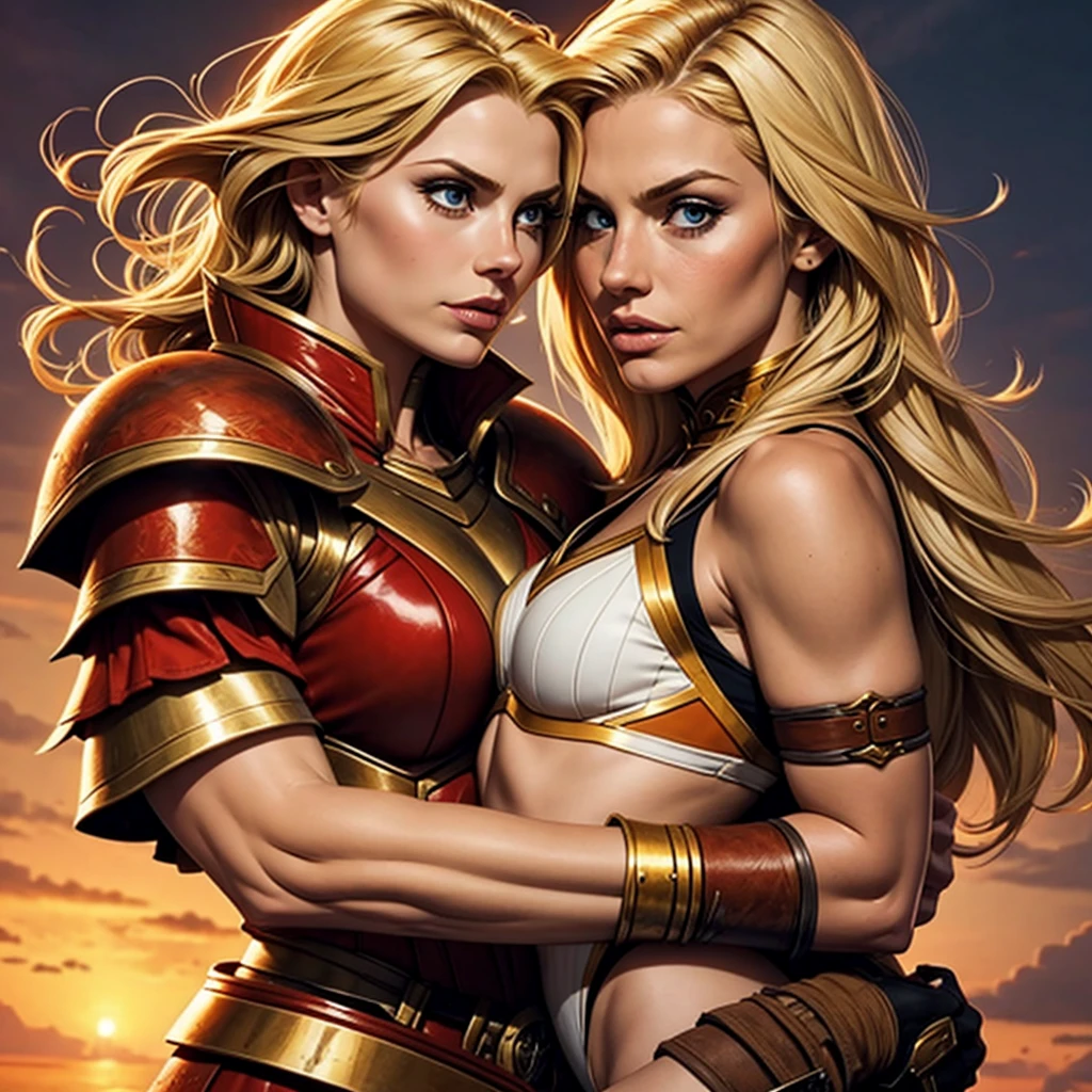 Warrior woman with blonde hair lifting a small female with short brown hair.