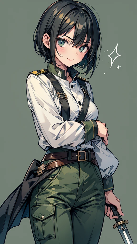 woman　short hair　Black Hair　expensive　Narrow eyes　smile　Glare　frivolous attitude　Dark green German military uniform　pants　Roll up your sleeves　Have a long spear　Hold the sword at your waist　a Shiba Inu　battlefield