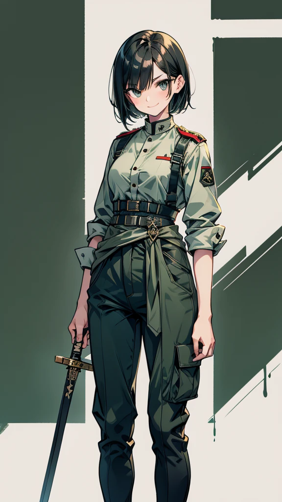 woman　short hair　Black Hair　expensive　Narrow eyes　smile　Glare　frivolous attitude　Dark green German military uniform　pants　Roll up your sleeves　Have a long spear　Hold the sword at your waist　a Shiba Inu　battlefield