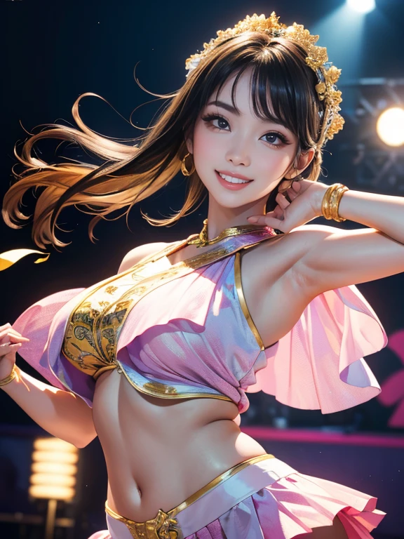 (Highest quality、 8k 、masterpiece、High resolution)、(Dancer)、Full Body Shot、15 year old girl、Idol、cute、Dancing with a smile、Outdoor Stage、AKB48 Costumes、Realistic、Realistic、Official Art、Detailed CG、Professional Lighting、Professional photographer、