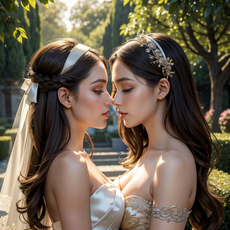 (masterpiece, best quality:1.5), highest quality, High resolution, super detailed, Realists, Upper body photo of the brunette bridesmaids, detailed and beautiful eyes, beautiful detailed lips, very detailed eyes and face, longeyelashes, Woman in bridesmaid dress made of shiny satin fabric, Beautiful and colorful makeup, elegant and noble々Pose,shiny satin headband, Grinding around the belly, Holding flowers, Gardens as background, soft daylight, bright colors, fine brushstrokes, Portrait style, Noble details in the dress fabric, beautiful color palette, glowing skin, First-class rendering, that captures every detail, enchanting atmosphere, subtle shadows and lights, (perfect anatomy:1.2), (The two stunning bridesmaids are deeply in love:1.4), (kiss:1.2), (magnificent panorama view:1.2)
