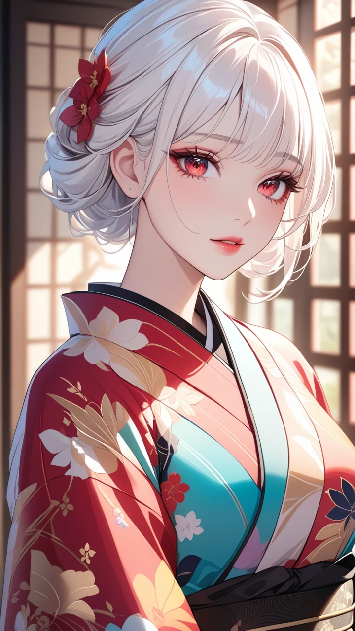 masterpiece, best quality:1.3, 1girl, white hair, red eyes, kimono, transparent colorful vinyl clothing, detailed face, beautiful detailed eyes, beautiful detailed lips, long eyelashes, delicate facial features, expressive eyes, detailed skin texture, intricate kimono pattern, flowing fabric, natural lighting, vibrant colors, cinematic lighting, soft focus, highly detailed