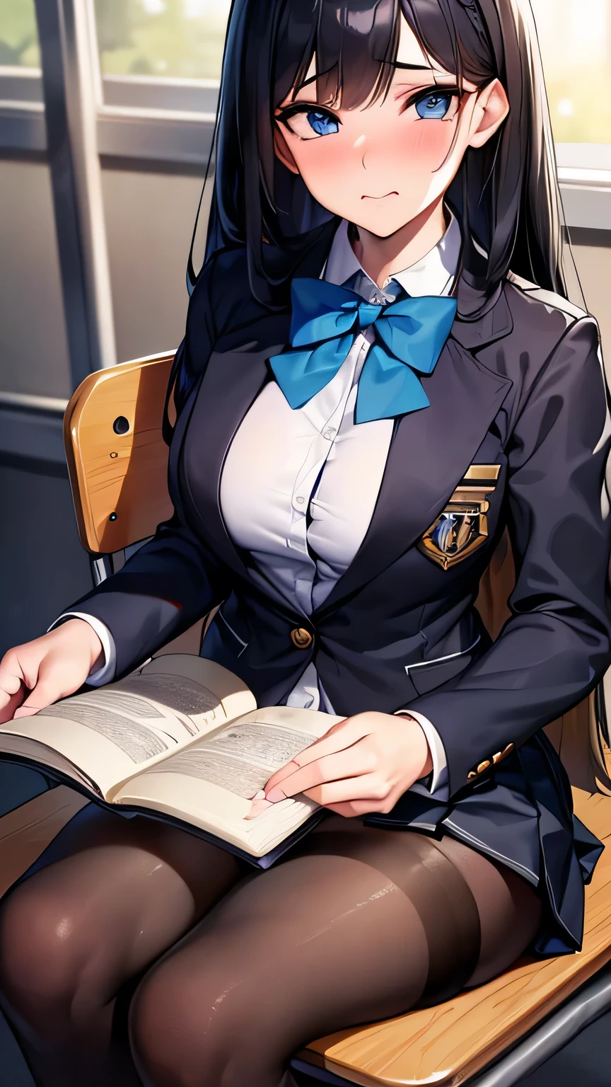 (masterpiece, Highest quality:1.2), (Realistic, photoRealistic:1.3), Browsing Caution, View your viewers,1 girl, high school girl, Perfect Face, Glowing Skin, (Long Hair),Black Hair, Blue eyes, Long eyelashes, Beautiful Hair, Beautiful Face, Beautiful attention to detail, (Blazer uniform, Pleated mini skirt,Black Stockings), A bow tie, (Embarrassed face),Sitting on a chair in the classroom,Holding a book,