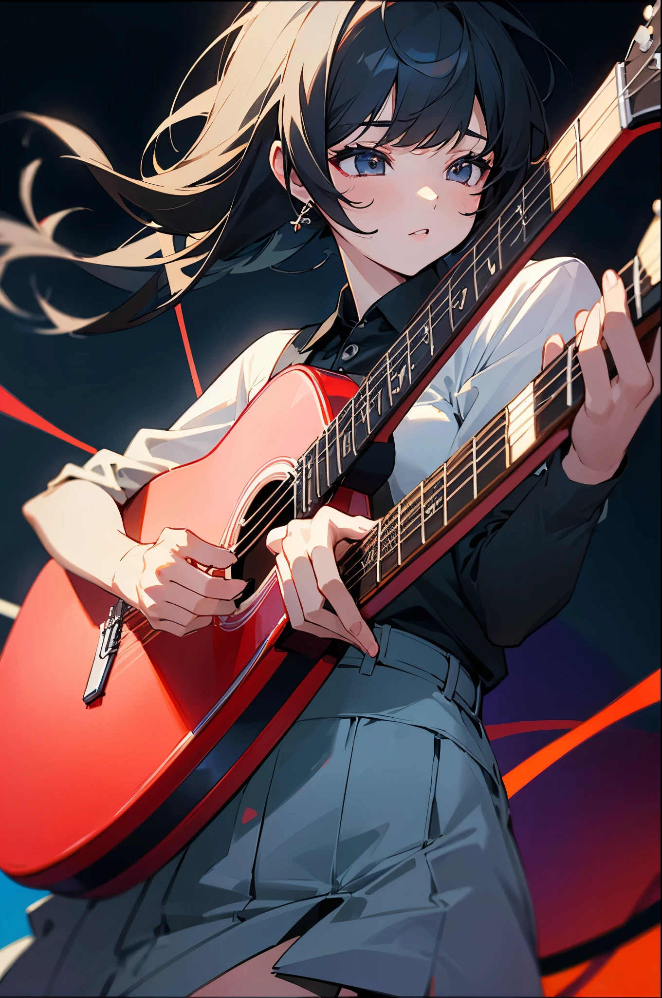 、I put all my feelings into this song!、Black Hair、8K quality、play the guitar、female、long