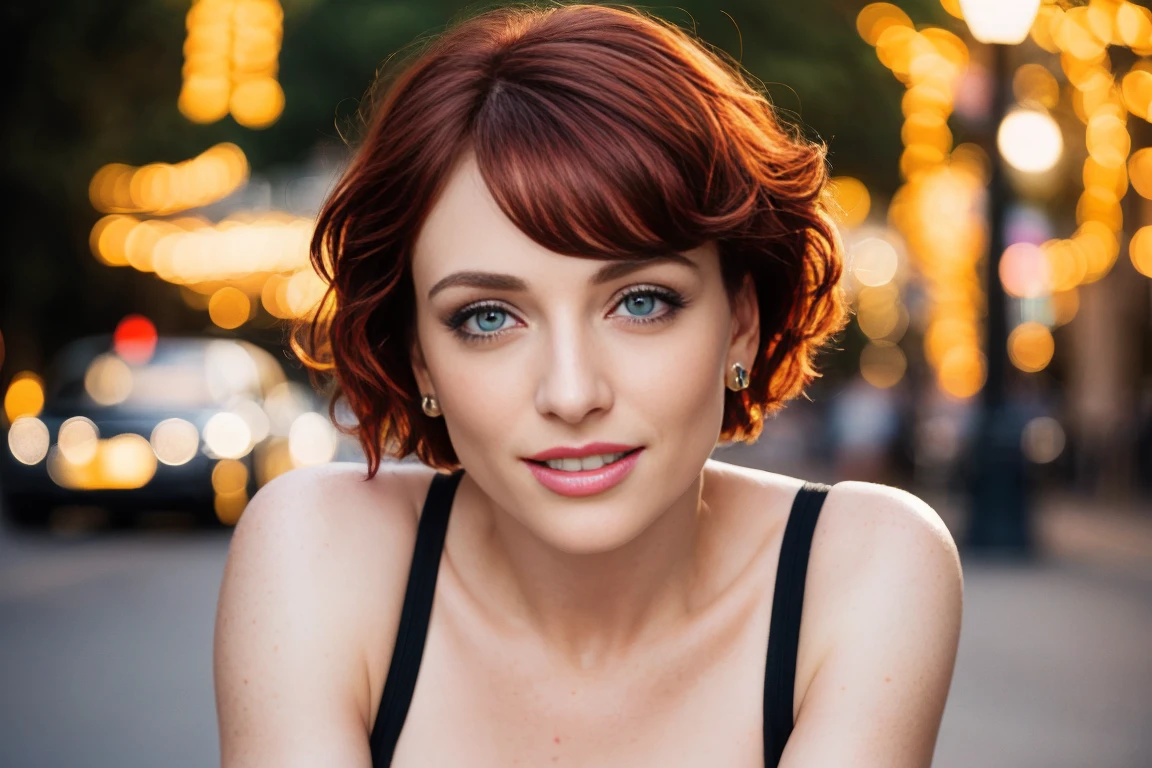 Masterpiece, (Bryce Dallas Howard: 0.5), half body, playful smile, high detail face, high detail skin, black dress, (high detail eyes:1.3), short hair, red hair, (small breasts:1.2), (strong athletic body), city park background, (UHD, 8K wallpaper, High resolution), Cinematic lighting, award-winning, extremely white detailed skin, extra detailed face, high detail eyes, photo-realistic, Zeiss 85 mm F/1.4, by Ellen von Unwerth
