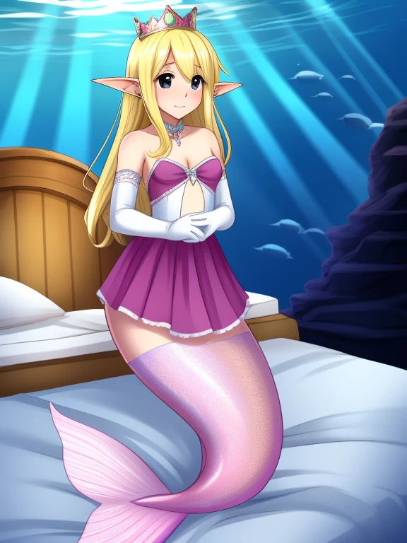 underwater sea, male crossdressing, crossdress, elf ears, blonde hair, black eyes, shy, smalll breasts, long dress, pink dress, transparent dress, mermaid pose, on bed, full body stockings, silver crown, elbow gloves, white gloves, earings, belly,