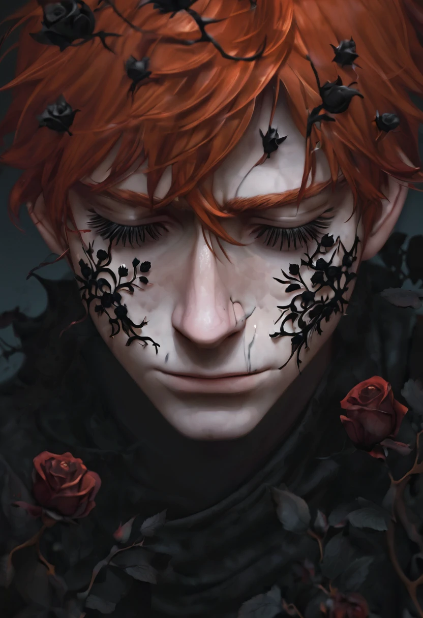 a blurred hazy figure of a crying young short red-haired man covered up with black roses and thorns in a dark background