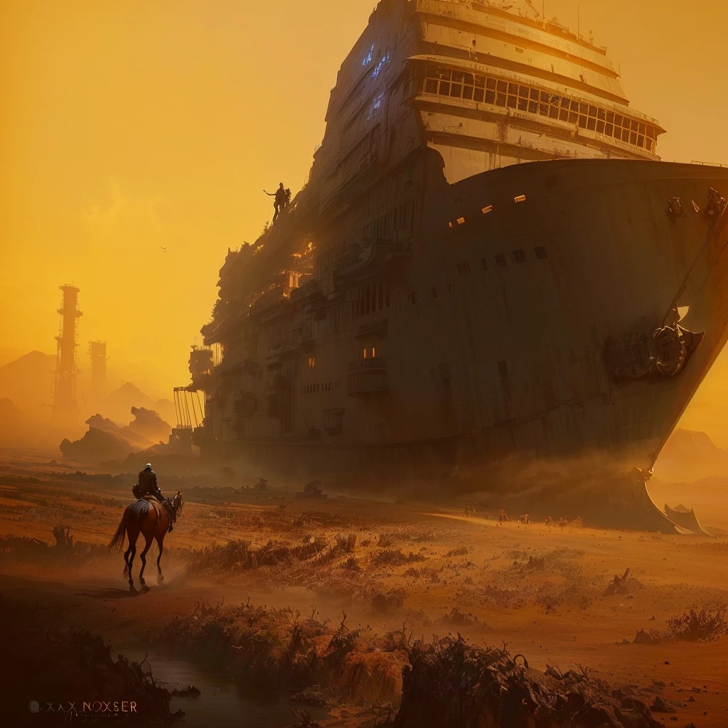 There is a man on horseback in front of the boat, author:Alexander Jean, Jessica Rosier Fantasy Art, Highly realistic concept art, Stunning sci-fi concept art, Craig Mullins Necro, 8k concept art, 8k concept art, 4K concept art, 4K concept art, dramatic concept art, Stunning concept art, Craig Mullins The Key to Darkness