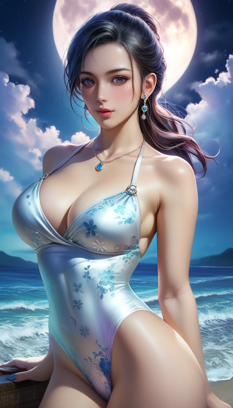 score_9, score_8_superior, score_7_superior, A masterpiece in 32K resolution,Highest quality,it is really amazing,Very detailed,Ultra-high resolution,(Ultra-realistic:1.5),(Realistic:1.5),Increased depth of field,Cinematic lighting,
Elegant Japanese MILF,
Long black hair,Ultra-detailed and beautiful face,(Gentle expression:1.1),Translucent white skin,Realistic skin texture,
(Sexy Swimwear:1.1),
Bold design,Artistic design,Beautiful and detailed pattern,Detailed fabric texture,
Gorgeous necklace,Earrings,
Coastline at night,(Giant Moon:1.1),(Dark clouds floating in the dark night sky:1.1),
(Dramatic Angle:1.2),