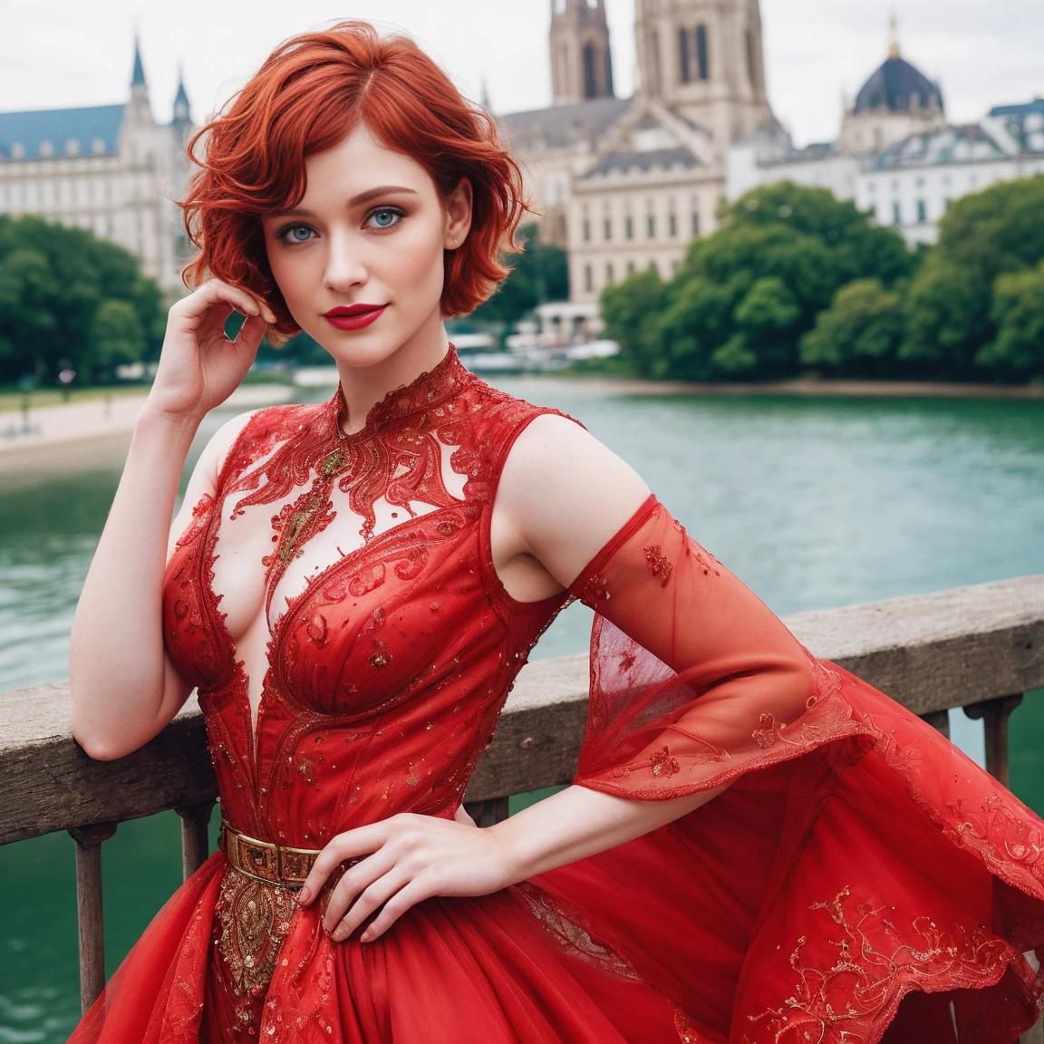 Masterpiece, (Bryce Dallas Howard: 0.5), half body, playful smile, high detail face, high detail skin, fashion red dress, (high detail eyes:1.3), short hair, red hair, (small breasts:1.2), (strong athletic body), city park background, (UHD, 8K wallpaper, High resolution), Cinematic lighting, award-winning, extremely white detailed skin, extra detailed face, high detail eyes, photo-realistic, Zeiss 85 mm F/1.4, by Ellen von Unwerth